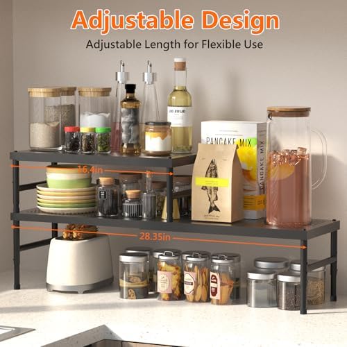 2 Pack Expandable adjustable stackable kitchen cabinet organizer,spice rack | Counter Shelf for Cabinets,Small Cupboard Organizers,Heavy Duty Metal Pantry Storage Shelves Racks for kitchen,bathroom