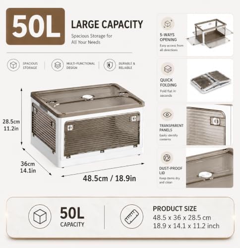 3-Pack 50L Stackable Storage Bins with Lids and Wheels, Foldable Storage Boxes Collapsible Organizers for Home Organization, Storage Cabinets for Outdoor Camping, Mixed Color