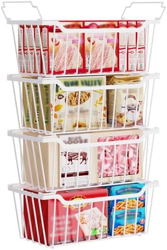SUNALLY Freezer Organizer Bins, 4 Pack Stackable Pantry Storage Bins, White
