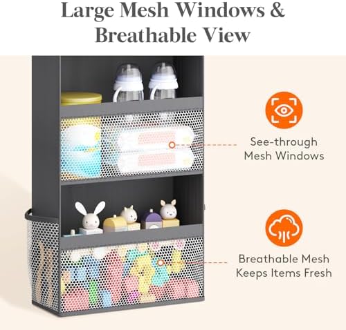 Lifewit 4 Tier Over the Door Organizer, Diaper Hanging Storage, Gray | Nursery Sturdy Large Heavy Duty Back of Door Shelf with 4 Mesh Side Pockets, for Baby Stuff Toy in Pantry, Laundry, Bathroom