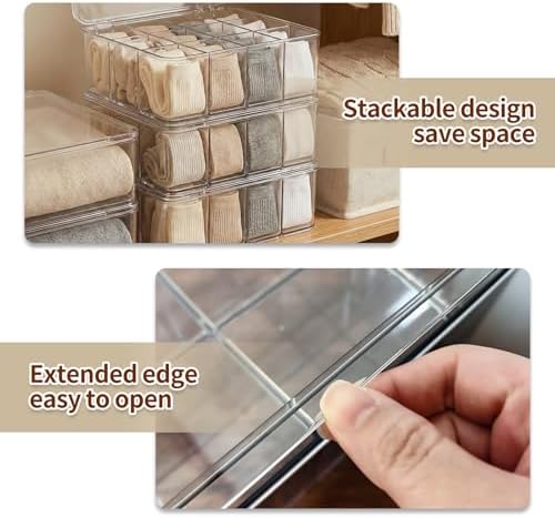 Socks Underwear Drawer Organizer, 16 Compartment Clear Plastic Storage Box with Lid & Adjustable Dividers, Tie Box, Tea Bag Organizer, Acrylic Organizer Box (12x10x3.9 Inch)