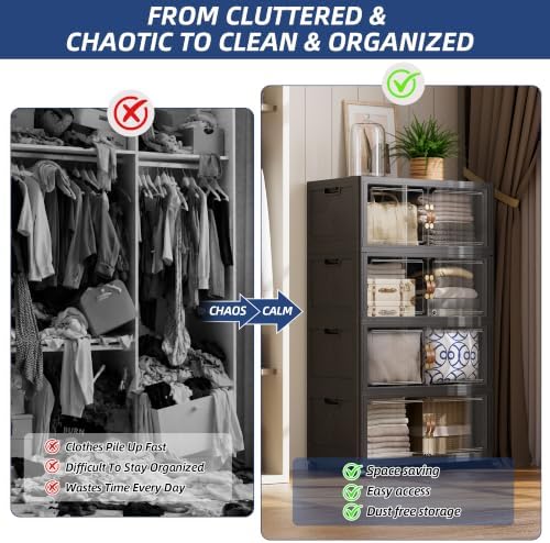 SAILUN 674QT/168Gal Stackable Storage Bins with a Lid, Collapsible Storage Bins With Doors, Folding Cabinet for Home Closet Organization,4 Pack-30 W x 19.7" D x 65.9" H Black