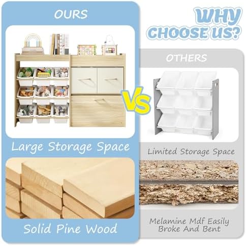 EXPERLAM Toy Storage Organizer for Kids, 9-Bin Toy Organizer with 2-Drawers, Movable Toy Chest and Top Rack, Multifunctional Kids Bookshelf and Toy Storage for Playroom, Bedroom, Nursery, White