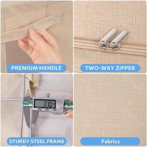 CYhom Clothes Storage Bins Box - Linen Fabric Foldable Stackable Container Organizer Set with Clear Window & Carry Handles & Metal Frame - 2Pack Large Capacity for Bedding, Blankets, Books