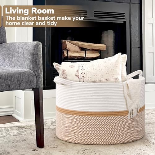 CHICVITA XXL Cotton Rope Woven Blanket Basket with Handles, White & Brown