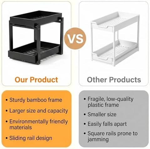 Bamboo Under Sink Storage 2 Tier Pull Out Cabinet Organizer Slide Out Under Sink Storage Shelf Undersink Organizers Shelves for Kitchen Bathroom Organization (Black, 2 Pack)