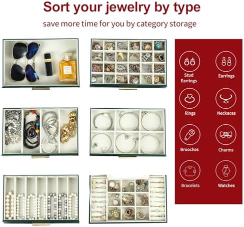 BOOVO Jewelry Boxes for Women, White and Black 6 Layer Large Jewelry Box for Necklace, Bracelet, Earrings, Rings Storage, Jewelry holder Organizer for Girls Gift (Retro Green, 6 Layer)