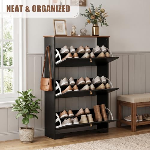 Nicetree Shoe Cabinet, 3 Flip Drawers Slim Black Walnut Top Entry Storage