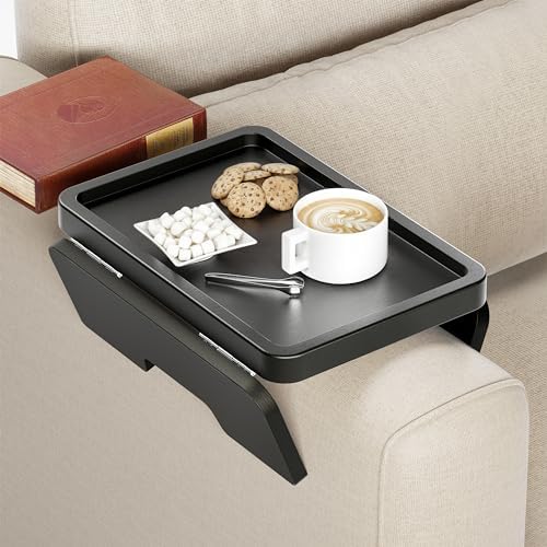 HOLANA Acacia Sofa Arm Tray Table, Double Hinge, Clip-On Couch Tray, Black | Solid Acacia Wood, Spacious Surface, Clips Securely with Double-hinge Grip, Foldable & Portable, Multipurpose, No Assembly