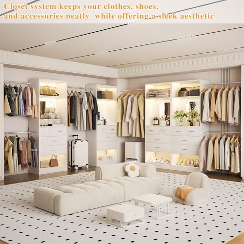 Unikito 6-14FT Walk in Closet Systems with 8 Drawers and Mirror, White
