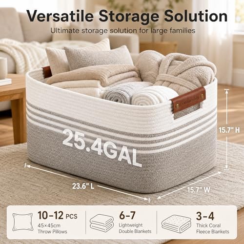 Cotton Rope Laundry Basket Extra Large, 25.4GAL Collapsible Woven Storage Baskets for Living Room Kids Toys Stuffed Animal,Boho Rectangular Decorative Hamper for Dirty Clothes, Blankets White Brown