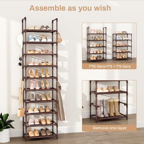 VTRIN 10 Tiers Tall Shoe Rack Holds 20-25 Pairs of Shoes Sturdy Vertical Shoe Organizer with 18pcs Hooks Stackable Narrow Shoe Rack for Closet, Entryway Brown