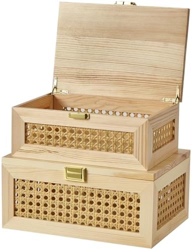 2PCS Decorative Rattan Storage Box Basket with Lid Wooden Frame