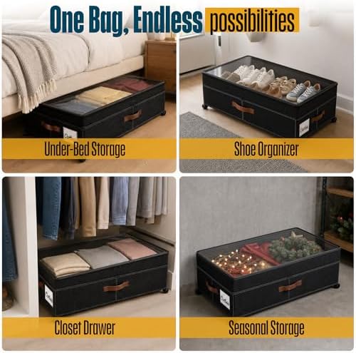 Under Bed Storage Organizer with Wheels, Rolling Under Bed Storage Containers with Clear Lid, Dual Zippers, Handles, Storage for Clothes, Shoes, Blankets, Toys,2-pcs Under Bed Drawers-Black