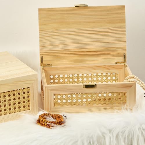 Decorative Rattan Storage Boxes Baskets with Lid Wooden Frame