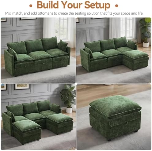 80" Modular L Shaped Storage Sofa with Ottoman, Cloud Sectional Sofa with Hidden Storage, Modern Chenille Couch with Ottoman for Living Room,Green