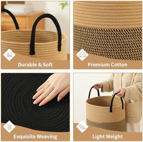 Laundry Basket Hamper Tall Rope Storage Woven for Blanket toys Dirty Clothes in Living Room Bathroom Bedroom (Jute Brown & Black, 80L/21.3Gal)