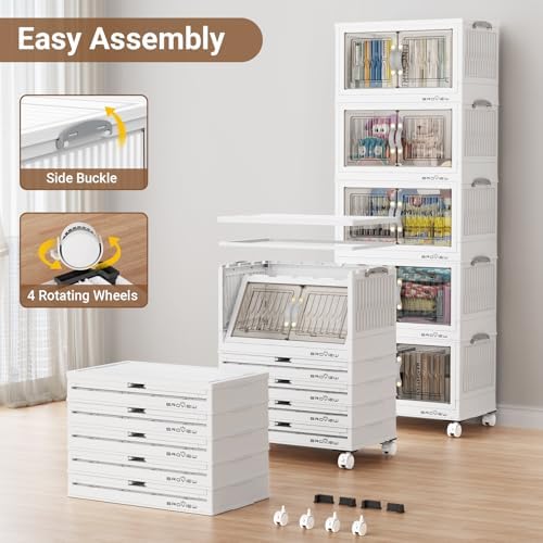 BROVIEW 180Qt Stackable Storage Bins with Lid & Wheels, Plastic Collapsible Closet Organizers and Storage Drawers for Clothes | Foldable Storage Cabinet Container for Dorm Kitchen 4Pack White