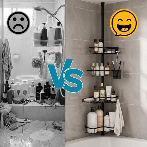 Shower Corner Caddy Organizer for Bathroom, 4-Tier Adjustable Shelves with Tension Pole, No Drilling Shower Rack with Holders for Toothbrush, Soap and Razor, 34 to 125 Inch Height