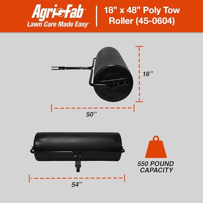 Agri-Fab 45-0604 18" x 48" Tow Behind Poly Lawn Roller 550 lbs Weight with Water, Poly Drum and Steel Frame, with Plug. Designed for Lawn and Garden Tractors
