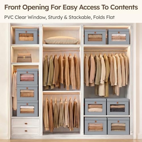 Homsorout Storage Bins with Lids - Front Opening Storage Box with Clear Window & Handles, Stackable Foldable Fabric Bins for Closet Organization, Clothes, Sweaters, Towels, Blankets, 3 Pack, Grey