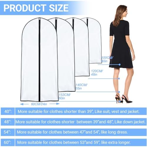 Garment Bag Covers (24''X55'' Set of 12) Lightweight White PEVA Breathable Bags with Study Full Zipper for Coat Protector Travel Laundry Wardrobe Closet