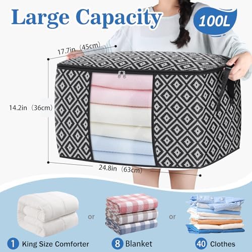 100L 4 Pack Storage Bags, Foldable Clothes Bins with Clear Window, Black