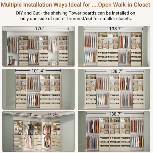Aheaplus Closet System with 12 Drawers, 138.5" Custom Wood Closet Organizer
