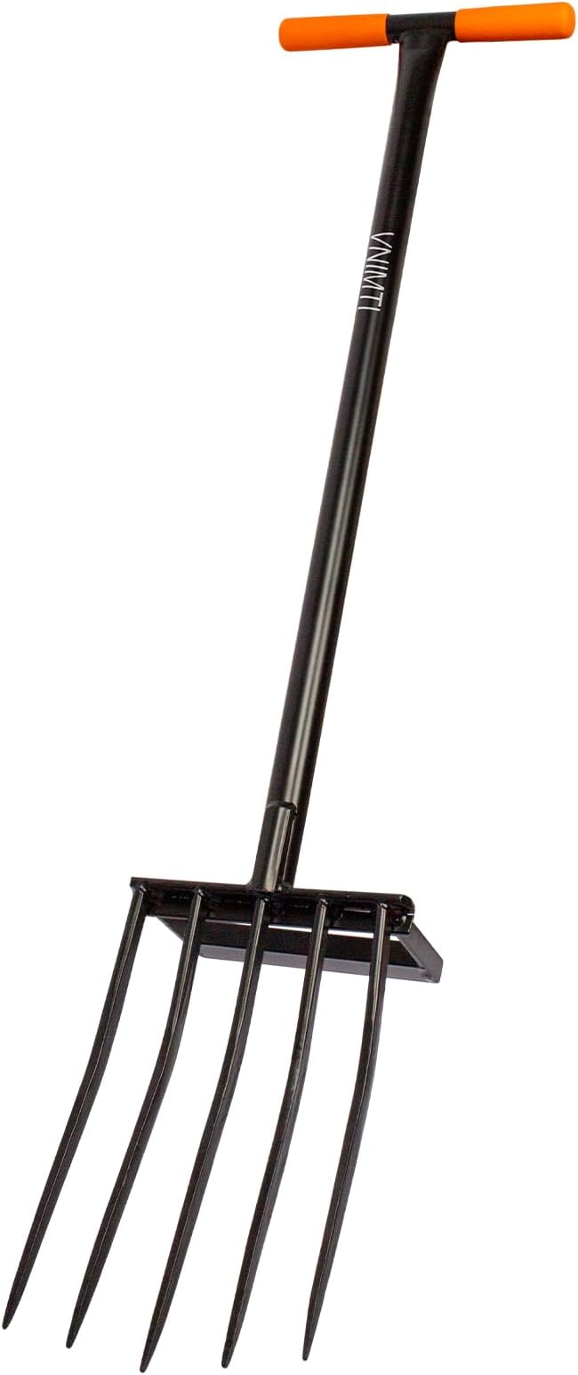 VNIMTI Heavy Duty Pitch Fork, 45-Inch Garden Fork with Strong Steel Tines, Long Handle Pitchfork for Gardening