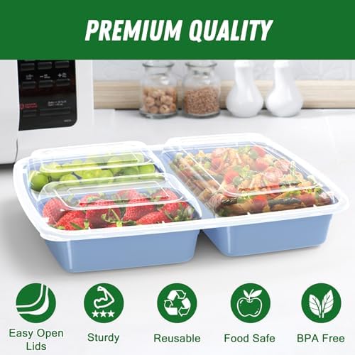 Dealusy 50 Pack 32 oz Meal Prep Containers with Lids 3-Compartment, Blue