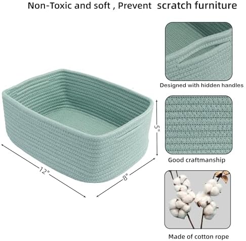 XUANGUO Small Woven Storage Baskets for Shelves, 12" x 8" x 5", Green