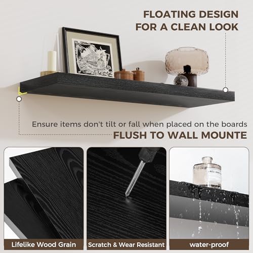 Fun Memories 12 Deep Floating Shelves for Wall | 30W x 12D Large Floating Shelves | 3 Pack Storage Space Wall Mount Shelf for Living Room Bathroom Toilet Laundry Room Kitchen Home Office - Black