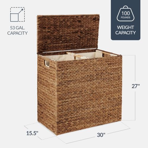 Best Choice Products X-Large Laundry Hamper with Lid, Natural Handwoven Hyacinth Laundry Basket, W/Removeable & Washable Liner Bag, Portable, Handles, 53 Gallon (200 liters) - Chestnut