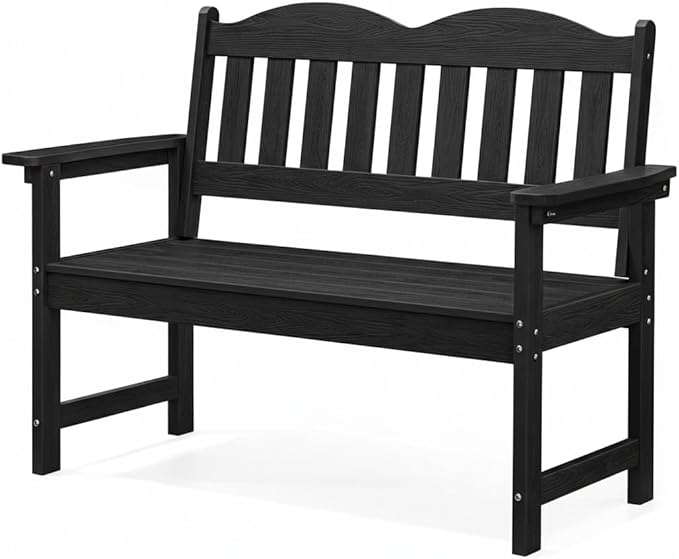GarveeLife 2-Person Poly Lumber Garden Bench, Slatted Patio Loveseat, Weather-Resistant Outdoor Seating for Yard, Garden, Porch, Park or Backyard, Black