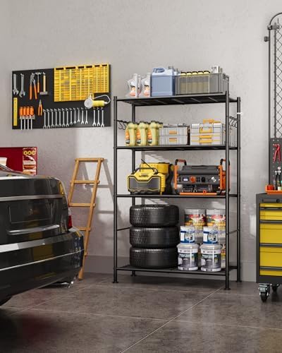 Sakugi Storage Shelves - 4-Tier Spacious Shelf Organizer with Hooks & Leveling Feet, Easy to Assemble, Rust-Resistant Garage Shelving for Kitchen, Pantry, Bedroom, 33.2" x 12.7" x 57.3", Black