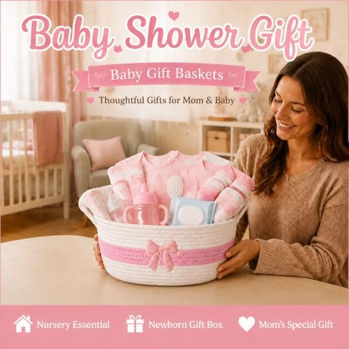Woven Gift Basket Empty with Bag, Ribbon and Card, 14x 10x 6 in, White+Pink