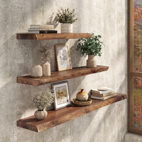 36" Live Edge Floating Shelves Set of 2, Solid Elm Wood, Vintage