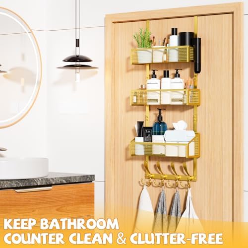 Kaiferty Over The Door Hooks Organizer, Coat Rack Over The Door Storage Hanger Towel Rack, Back of Door Storage Organizer for Bathroom,Bedroom,Kitchen,Office (Gold, 4-Tier)
