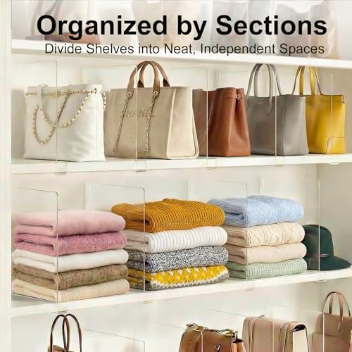 Purse Organizer for Closet Shelf Dividers: 11-inch Tall (Higher Version) Adjustable Clear Acrylic Bag Storage Organizer for Handbags, Sweaters, Towels, Jeans and Shoes on Wood Shelves 8-Pack