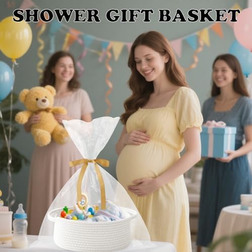 White Woven Rope Basket,Baby Gift Basket with Bag & Ribbon