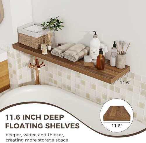 Fun Memories 12 Deep Floating Shelves for Wall, 48W x 12D Extra Large Floating Shelves Set of 2, Hanging Wood Wall Shelves for Living Room, Kitchen, Bedroom, Farmhouse, Laundry Room, Office - Walnut