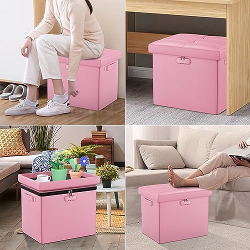 DocSafe Storage Ottoman Foot Rest Stool with Lock ＆ Handles, Fireproof Folding Leather Footstool Bench with Storage Safe for Living Room Bedroom, Home Office, Dorm, 17x13x13in, Pink
