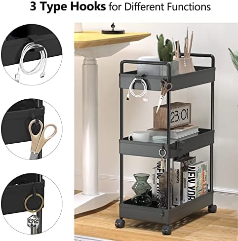 SOLEJAZZ 3 Tier Slim Rolling Storage Cart Organizer with Wheels, Black