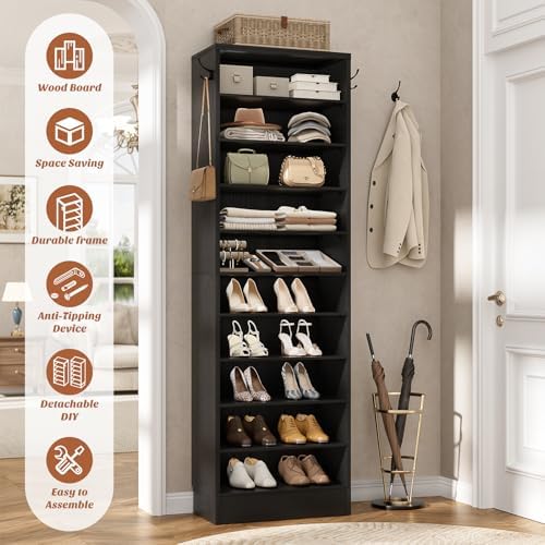 Aheaplus 10 Tiers Narrow Wood Shoe Rack, Tall Shoe Storage Cabinet, Black