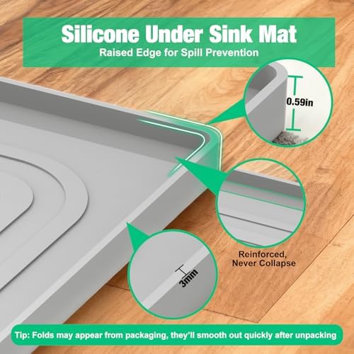 Under Sink Mat 25" X 19", Waterproof Silicone Cabinet Kitchen Liner, Gray