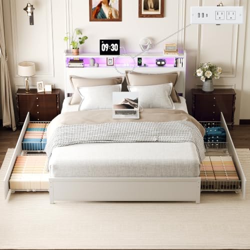 VINGLI Metal Bed Frame King with 4 Drawers and Storage Wooden Headboard Shelves, Platform with Charging Station and LED Lights, White
