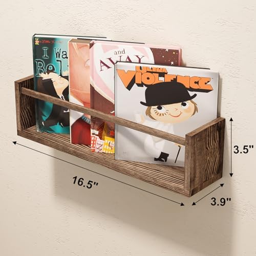 Fixwal Floating Nursery Book Shelves for Wall, 16.5in, Set of 3, Brown | Solid wood shelves store kids' books, toys and clothing. Fits kids' room, playroom, nursery, living room, bedroom & bathroom.