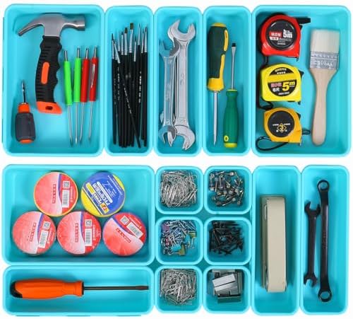 Kutesna 15PCS Interlocking Drawer Organizer, Plastic Desk Organizer Set | 3-Size Versatile Storage Bins,BPA-free,Non-slip, Fits Any Drawer for Cosmetics,Bathroom, Tools,Kitchen and Office（Blue&Green）