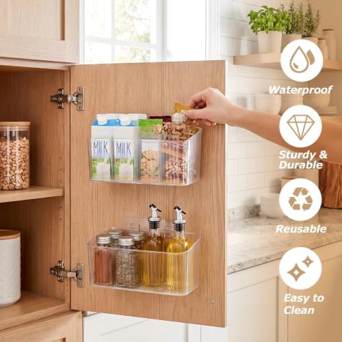 14 Pack Cabinet Door Organizer Adhesive Wall Mount Storage Bins Makeup Containers Stackable Organizer Basket for Kitchen Cabinets, Bathroom, Pantry, Office, Refrigerator (Frosted Clear)