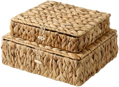 StorageWorks Wicker Basket with Lids, Flat Wicker Storage Boxes with Lids